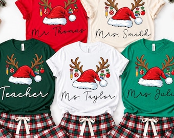Personalized Teacher Christmas Shirt, Custom Teacher Santa Hat Shirt, School Staff Christmas Tee, Teacher Gift, Holiday Teacher Shirt