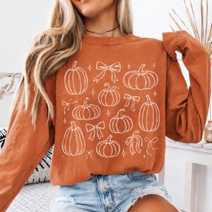 May include: A long-sleeve crewneck sweatshirt in a burnt orange color featuring a white line-art graphic print. The design consists of various pumpkin shapes interspersed with decorative bows and small four-pointed star accents across the front.