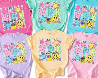 VPK Teacher Shirt, Retro Striped Teacher Tee, Custom Teacher Last Name Shirt, Personalized Student Name Tee, Back to School Teacher Gift