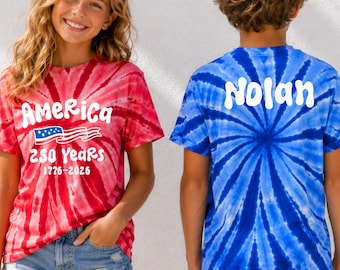 Custom Name 250 Years Tie Dye Shirt, Personalized America 1776-2026 Tee, Patriotic Red White Blue July 4th Shirt, USA Family Matching Shirts