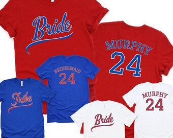 Custom baseball bride and bachelorette party shirts. Royal blue and red. Baseball game Bach party. Bride and Tribe racerback tank tops.