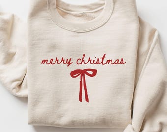 Merry Christmas Script Bow Sweatshirt, Vintage Coquette Christmas Sweater, Cute Holiday Cozy Aesthetic Top, Festive Winter Pullover