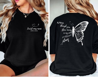 In memory of a lost loved one shirt. Personalized name and dates. Butterfly Memorial shirt, rip shirt, rest in heaven shirt, memorial gift