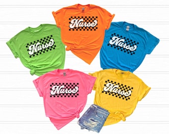Nurse shirt for summer, neon retro nurse Tshirt, checkered nurse tee, trendy nurse gift summer tee, bright color nurse shirt, cute RN shirts
