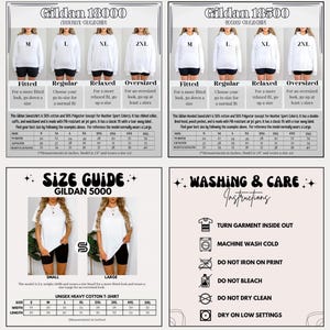 May include: Image features size charts for Gildan apparel, including sweatshirts, hoodies, and t-shirts. Charts detail measurements in inches for various sizes, from small to 5XL. Washing and care instructions are also provided.