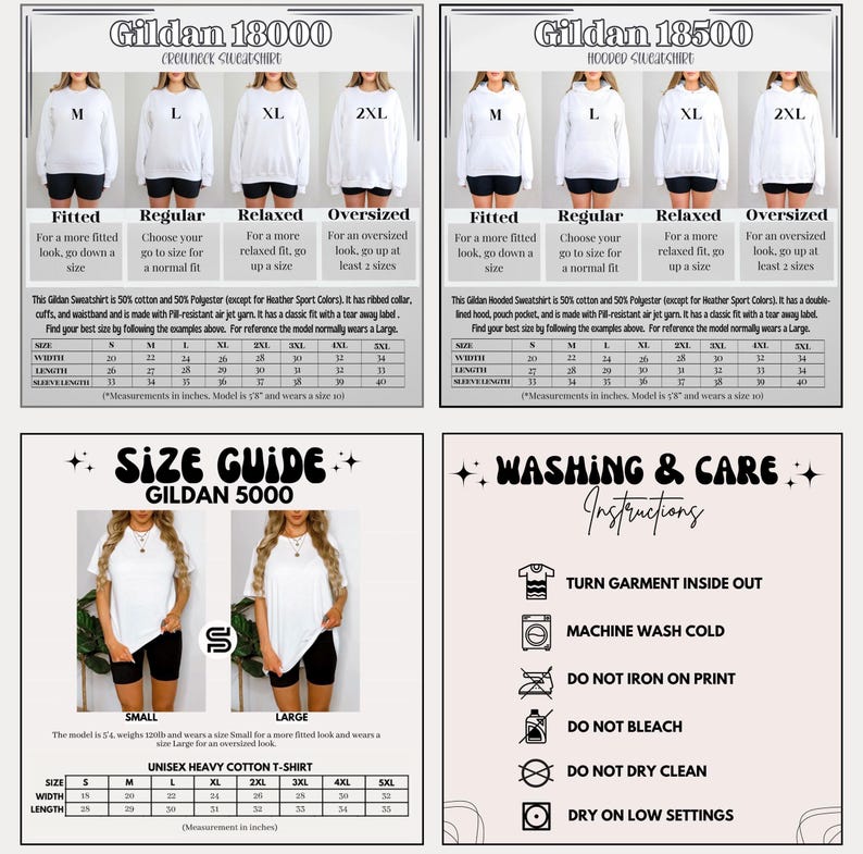 May include: Image features size charts for Gildan apparel, including sweatshirts, hoodies, and t-shirts. Charts detail measurements in inches for various sizes, from small to 5XL. Washing and care instructions are also provided.