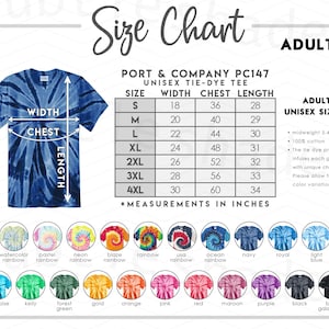 May include: A blue tie-dye t-shirt with a size chart. The chart lists measurements in inches for width, chest, and length, ranging from size small to 4XL. The shirt is unisex and made of 100% cotton.