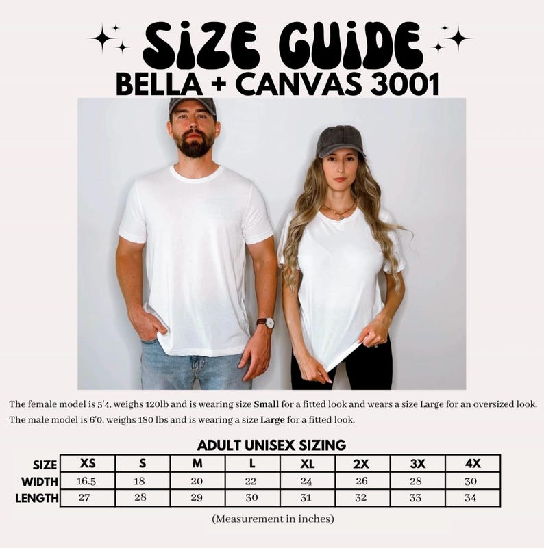 K&ouml;nnte beinhalten: Eine Gr&ouml;&szlig;entabelle f&uuml;r Unisex-T-Shirts f&uuml;r Erwachsene von Bella + Canvas 3001. Das Bild zeigt einen Mann und eine Frau, die wei&szlig;e T-Shirts tragen. Der Leitfaden enth&auml;lt Ma&szlig;e in cm f&uuml;r Breite und L&auml;nge, von XS bis 4X.