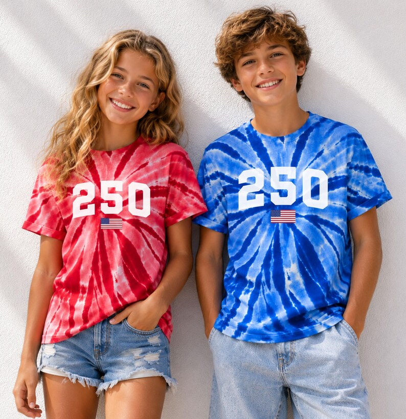 May include: Two people wearing matching tie-dye t-shirts. One shirt is red and the other is blue. Each shirt has the number "250" printed on the front in white, with a small American flag underneath. The shirts are short-sleeved.