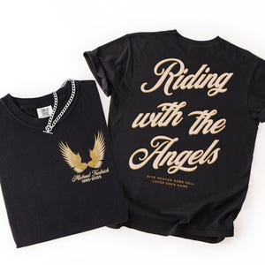 Custom Motorcycle Memorial Shirt, Riding with the Angels Comfort Colors Tee, Personalized with Loved One&#39;s Name & Dates, Tribute shirt gifts