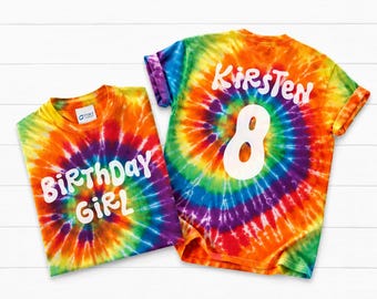 Custom Birthday Girl Tie Dye Shirt, Personalized Name & Age Tee, Neon Rainbow Birthday Party Shirt, Youth Girls Custom Bday Outfit