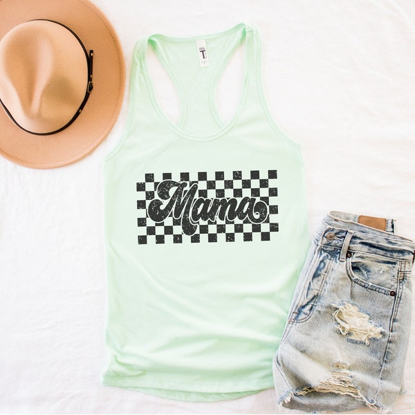 Mama shirt, checkered mama tank top, retro mama racer back, Mother’s Day gift, summer mama tank, beach mama shirt, motherhood tank, mom gift