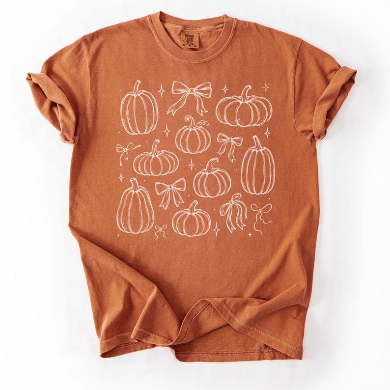 May include: A burnt orange short-sleeve t-shirt featuring a white line art graphic print. The design consists of various pumpkin shapes, decorative bows, and small four-pointed star accents scattered across the center of the garment.