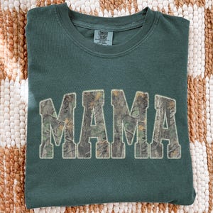 Mama Comfort Colors Camo Sweatshirt, Vintage Woodland Camo Mama Shirt, Trendy Mom Tee, Mother’s Day Gift, New Mom Gift Blue Spruce