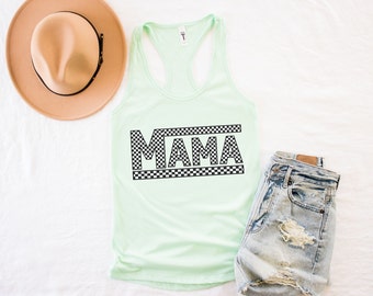 Mama shirt, checkered mama tank top, retro mama racer back, Mother’s Day gift, summer mama tank, beach mama shirt, motherhood tank, mom gift