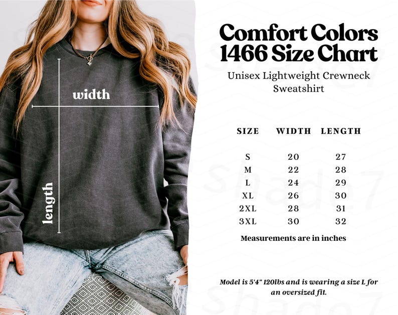 May include: A charcoal gray crewneck sweatshirt with a size chart titled Comfort Colors 1466. The chart lists sizes S through 3XL with corresponding width and length measurements in inches. A diagram on the sweatshirt indicates width and length.