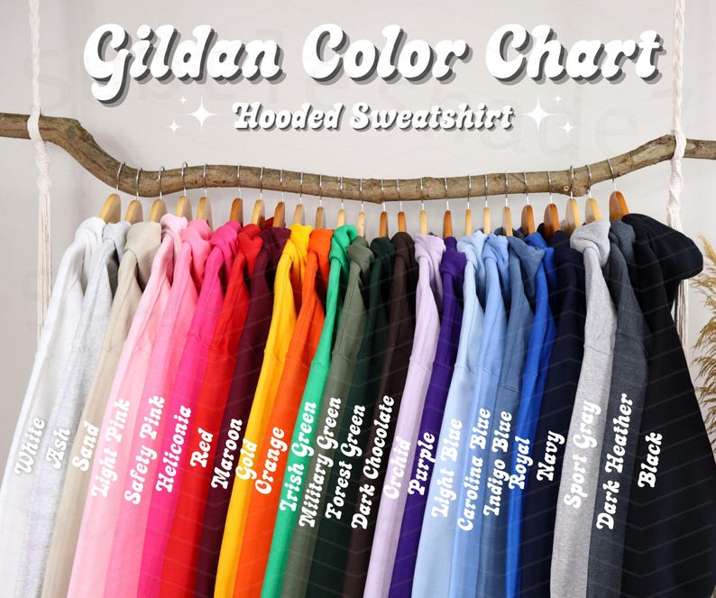 May include: A color chart for Gildan hooded sweatshirts, displaying a variety of colors. The image shows a range of hues, including white, pink, red, orange, green, blue, and black. The text "Gildan Color Chart" and "Hooded Sweatshirt" are visible at the top.