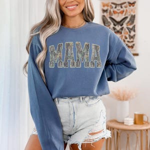 Mama Comfort Colors Camo Sweatshirt, Vintage Woodland Camo Mama Shirt, Trendy Mom Tee, Mother’s Day Gift, New Mom Gift Blue Jean