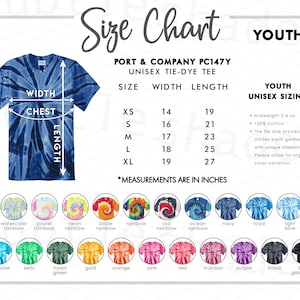 May include: A blue tie-dye unisex t-shirt with a V-neck, displayed with a size chart. The chart lists measurements in inches for youth sizes XS to XL. Color options include watercolor rainbow, neon rainbow, and black galaxy spiral.