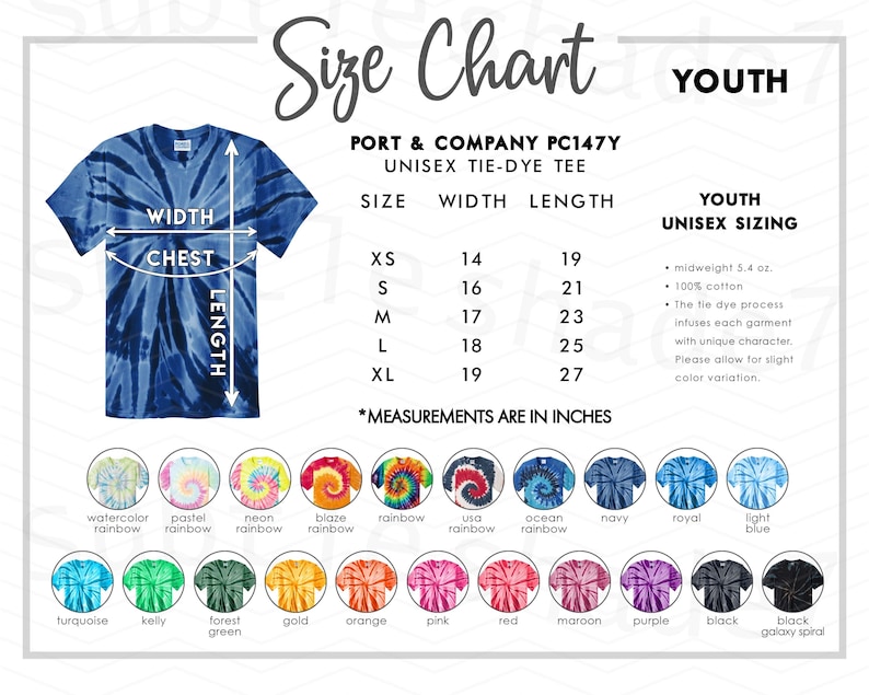 May include: A blue tie-dye unisex t-shirt with a V-neck, displayed with a size chart. The chart lists measurements in inches for youth sizes XS to XL. Color options include watercolor rainbow, neon rainbow, and black galaxy spiral.