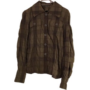 Joseph France Cotton-Wool Crinkle Effect Shacket Textured Brown Check Shirt Jacket XL