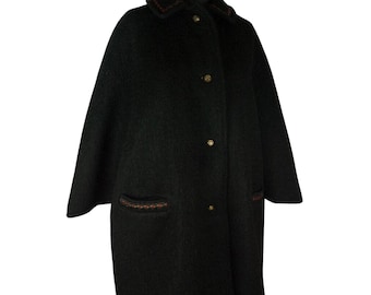 Vintage 1970s Black Wool Cape, Red Folk Floral Lining, Brass Buttons, Boho Cottagecore