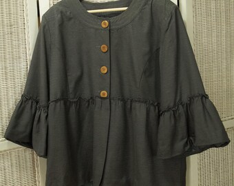 Veste à basque en soie gris acier vintage des années 1990 manches flûtes boutons en bois 2XL