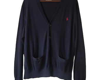 Kardigan męski w stylu vintage z lat 90. Polo Ralph Lauren Pima Cotton Blue w kolorze czerwonym, rozmiar L, w stylu Preppy
