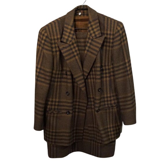 Akris, Akris Club Vintage Brown Plaid Power Suit Wool Check Blazer & Midi Skirt Size L