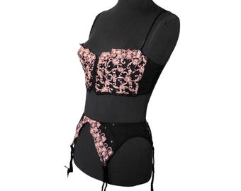 Christian Dior Intimates Vintage 80s Bustier Bra Garter Set 34C Black Pink Lace