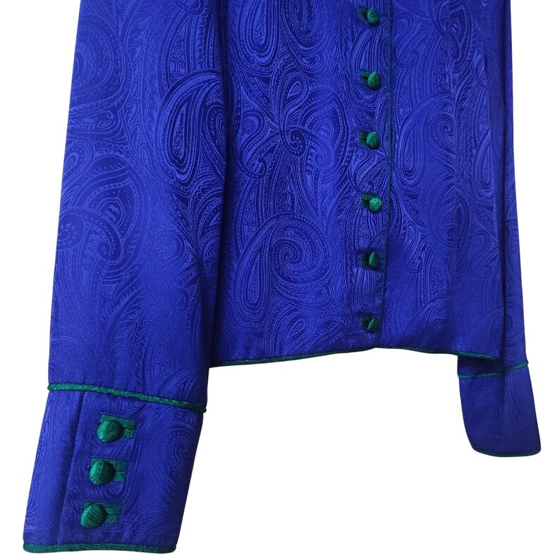 Vintage 90s Pure Silk Paisley Jacquard Jacket Royal Blue Green Adrianna Papell M image 3