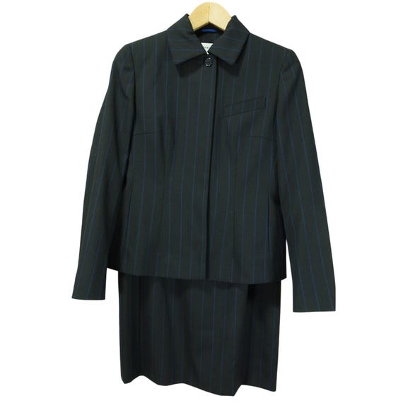 Akris, Akris Vintage Wool Blend Skirt Suit Blue on Black Pinstripe Blazer S & Pencil Skirt M Swiss Made
