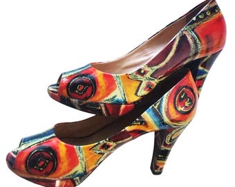 Vintage Zocal Colourful Abstract Peep-Toe Pumps High Heels EU 37 / US 6.5 / UK 4