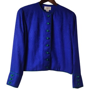 Vintage 90s Pure Silk Paisley Jacquard Jacket Royal Blue Green Adrianna Papell M image 1