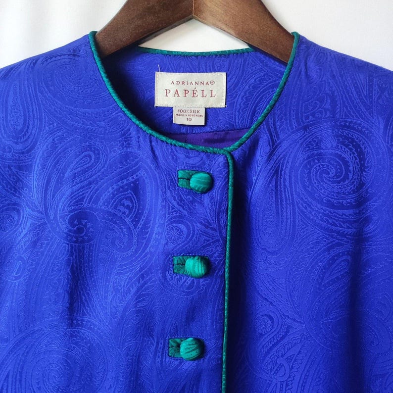 Vintage 90s Pure Silk Paisley Jacquard Jacket Royal Blue Green Adrianna Papell M image 4