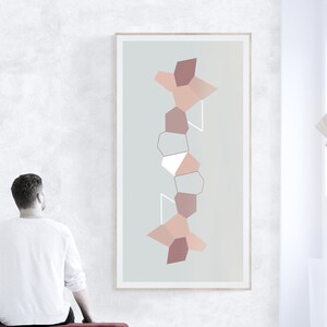 Extra large vertical wall art, Long narrow, downloadable, in grey, pink; abstract, modern