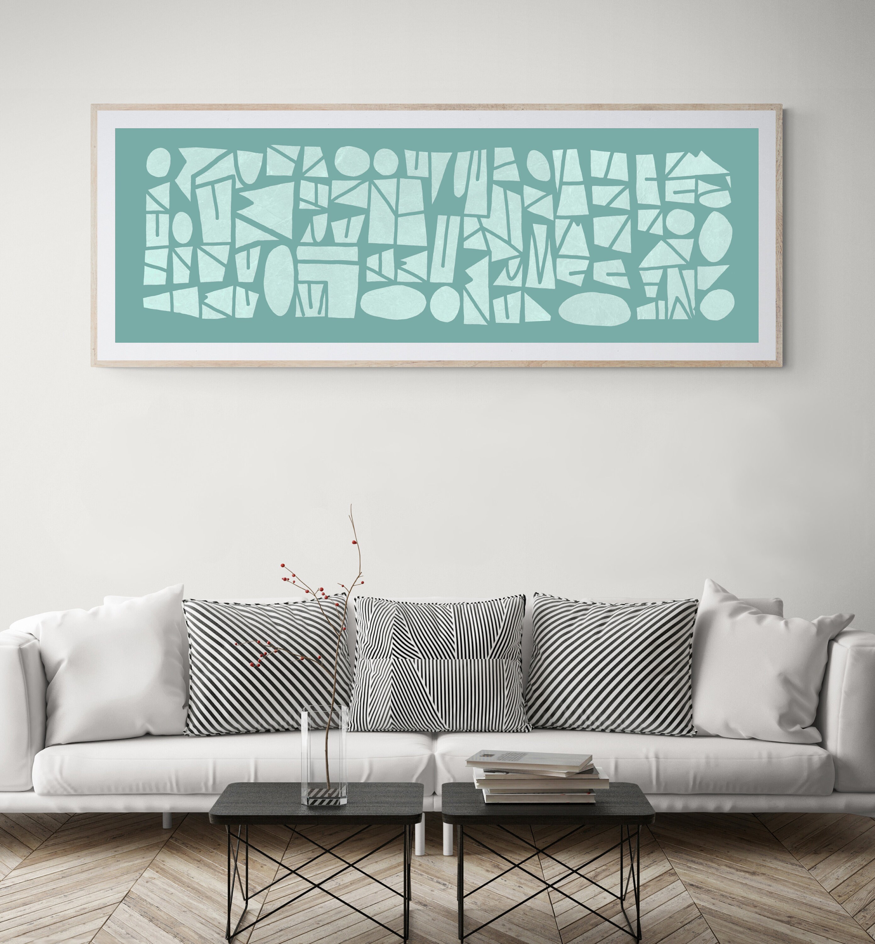 Long narrow wall art in teal blue Wide horizontal printable Etsy