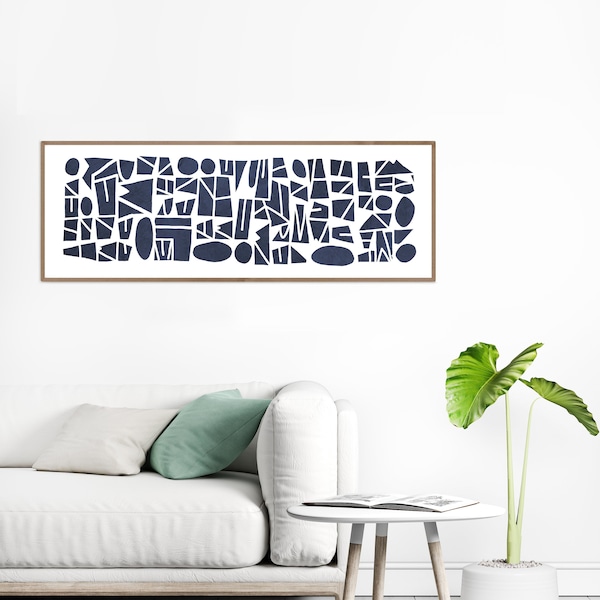 Long narrow wall art in navy blue; Wide horizontal printable wall art abstract modern ; 36x12 or 60x24 wall art