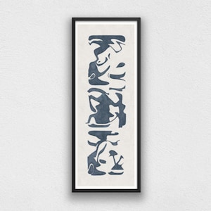 May include: A framed abstract art print with a vertical design. The print features a blue abstract design on a white background.