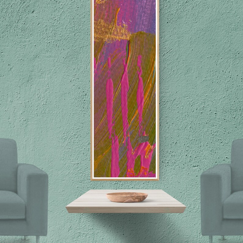 Long narrow vertical wall art in olive pink gold 12 high
