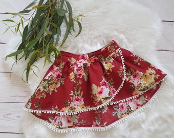 Girls red floral tulip skirt, size 3 skirt, red floral, cotton, handmade, Australian handmade