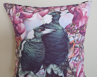 Magpies cushion cover, home decor, upcycled from a tea towel, throw pillow cover, handmade, Australian handmade