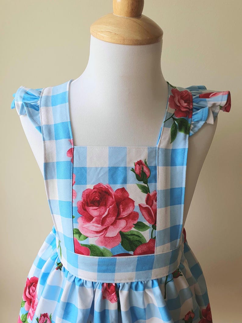 Red Roses on Blue Gingham Pinafore Size 4, Girls Pinafore, Blue Gingham