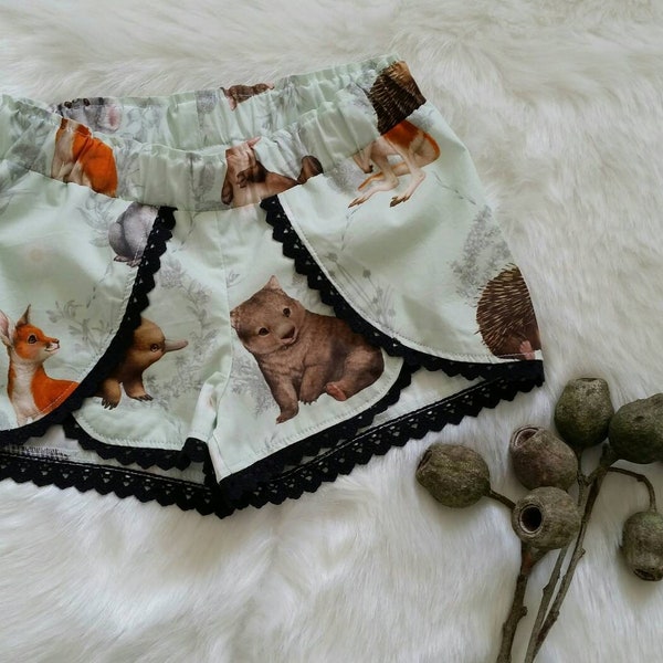 Aussie animals girls shorts, size 5, cotton, Australian handmade