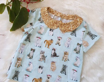 Kittens girls top~ size 4, short sleeved top, girls blouse, cats, Australian handmade, cotton