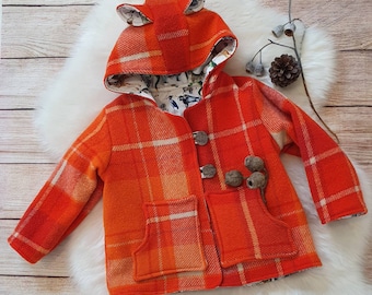 Safari woolen coat size 2, upcycled Australian wool outer, cotton lining, upcycled, children's winter coat, orange, Australian handmade