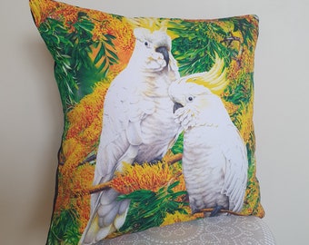 Cockatoos cushion cover, home decor, upcycled from a tea towel, throw pillow cover, handmade, Australian handmade