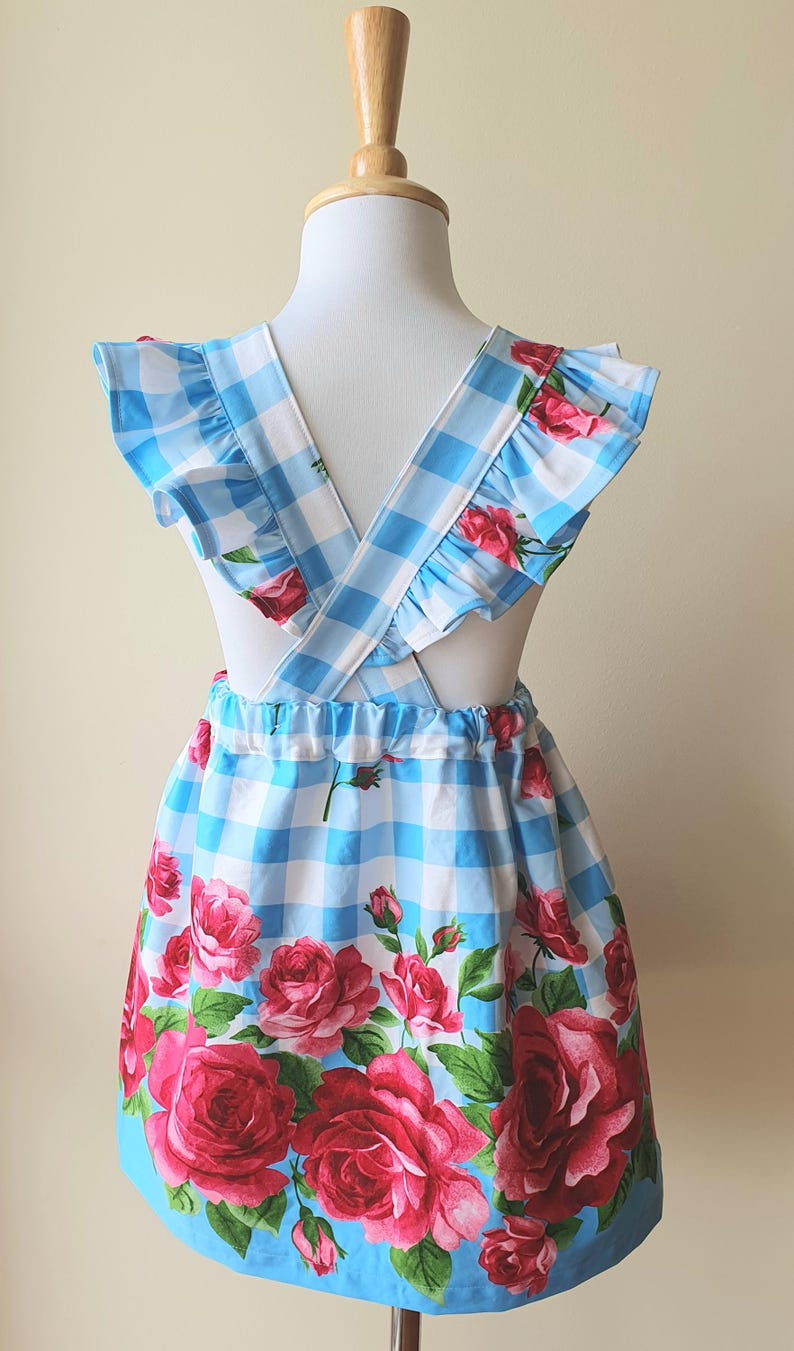Red Roses on Blue Gingham Pinafore Size 4, Girls Pinafore, Blue Gingham