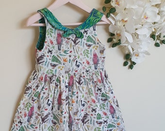 Aussie animals summer dress with a petite  Peter Pan knotted collar, size 4, sleeveless,  Aussie, Australian handmade