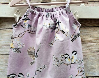 Little birds on light lilac girls top~ size 5, straps, girls top, Australian handmade, cotton